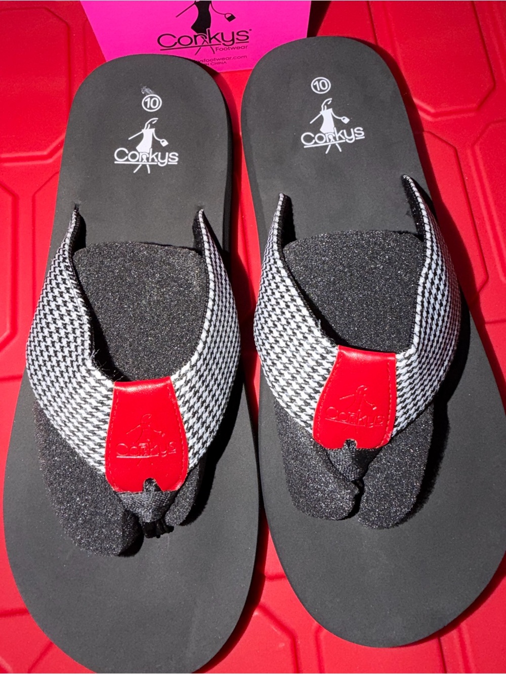 Corkys Black Houndstooth Flip Flops with Red Accents